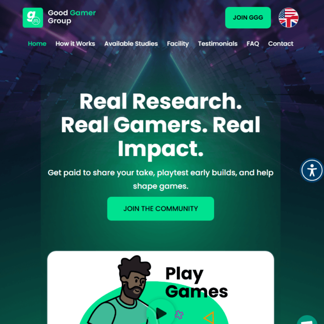 GoodGamerGroup website showing the application to join paid gaming studies and video game playtests.