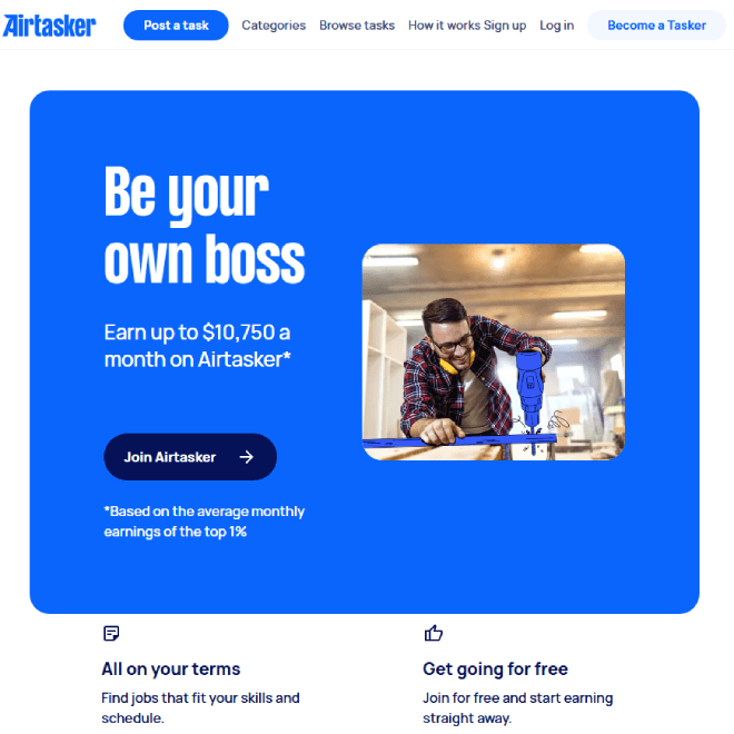 Airtasker app interface showing local service gig listings like cleaning, handyman work, and digital tasks.