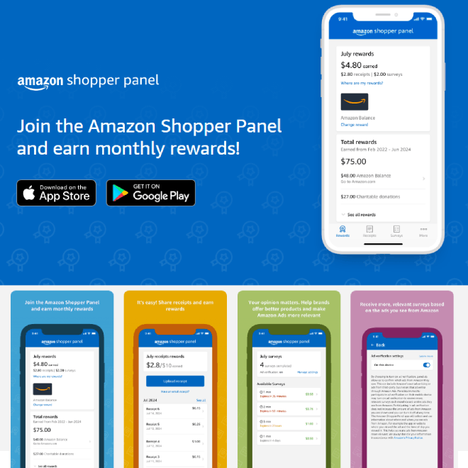 Amazon Shopper Panel app interface showing the receipt upload section and the monthly $10 reward status.