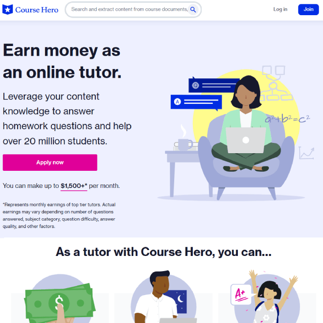 Course Hero tutor dashboard showing academic questions across various subjects with earn-per-answer rates.