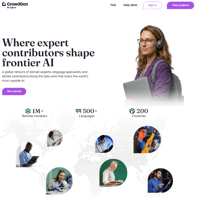 CrowdGen app dashboard by Appen showing AI training tasks and project qualification status.