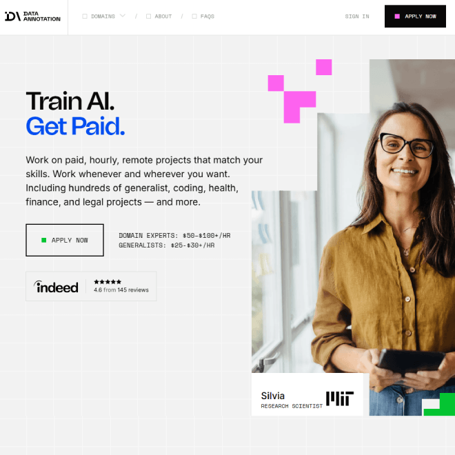 DataAnnotation platform dashboard showing available AI training projects for writing and coding with hourly pay rates.
