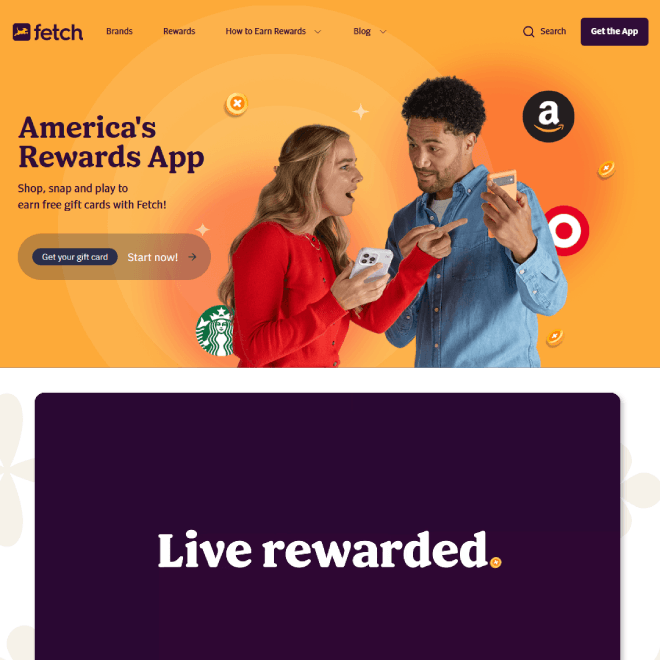 Fetch app interface showing a grocery receipt being scanned to earn gift card rewards.