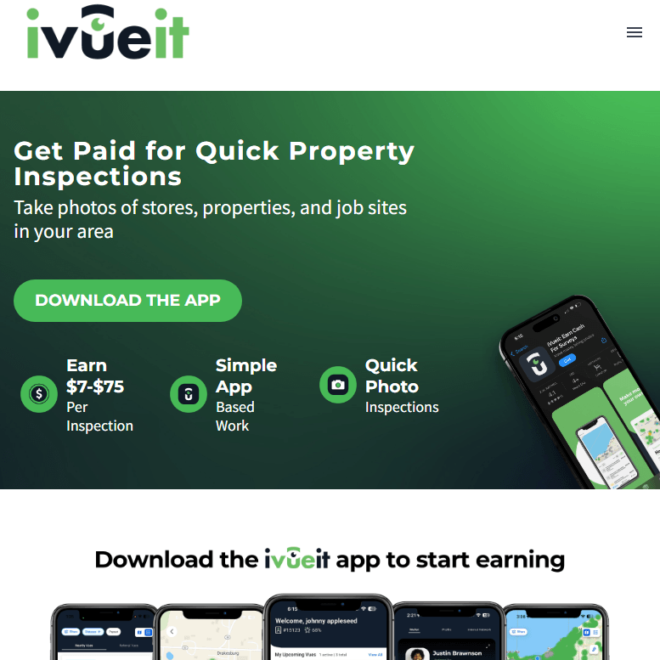 iVueit app landing page showing how to become a Vuer and earn money by taking property photos.