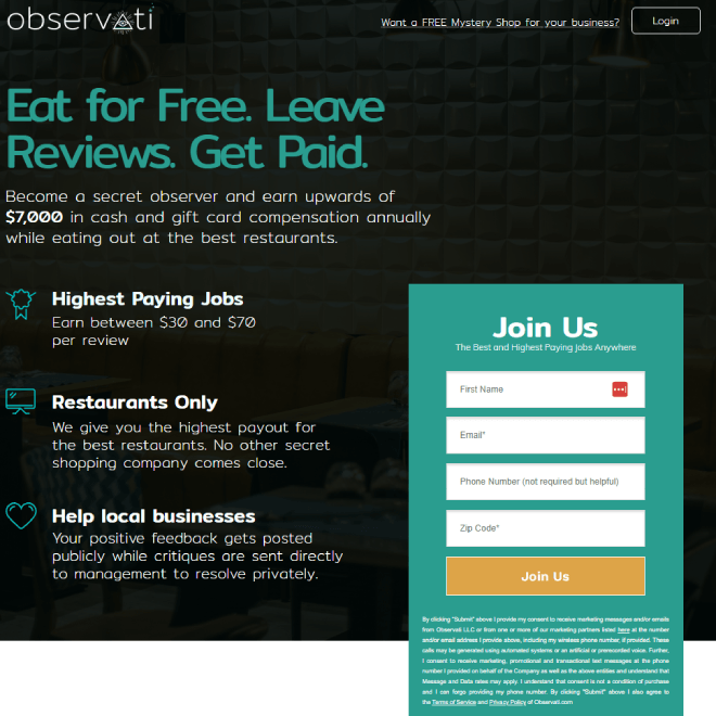 Observati app logo and interface showing restaurant mystery shopping assignments and payout details.