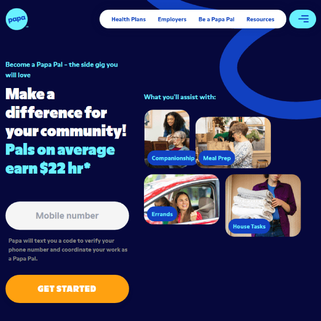 Papa Pals website landing page showing the "Become a Pal" application for companionship and senior support jobs.