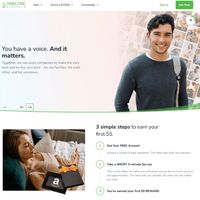 Pinecone Research landing page showing the exclusive, invite-only survey panel managed by NielsenIQ.