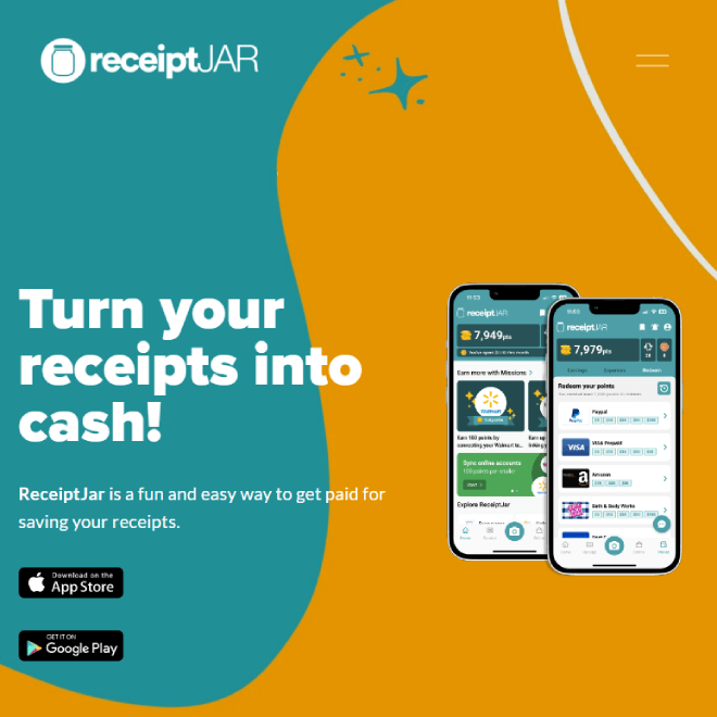 ReceiptJar app showing a jar being filled with points from scanned retail receipts and a warning about account suspension risks