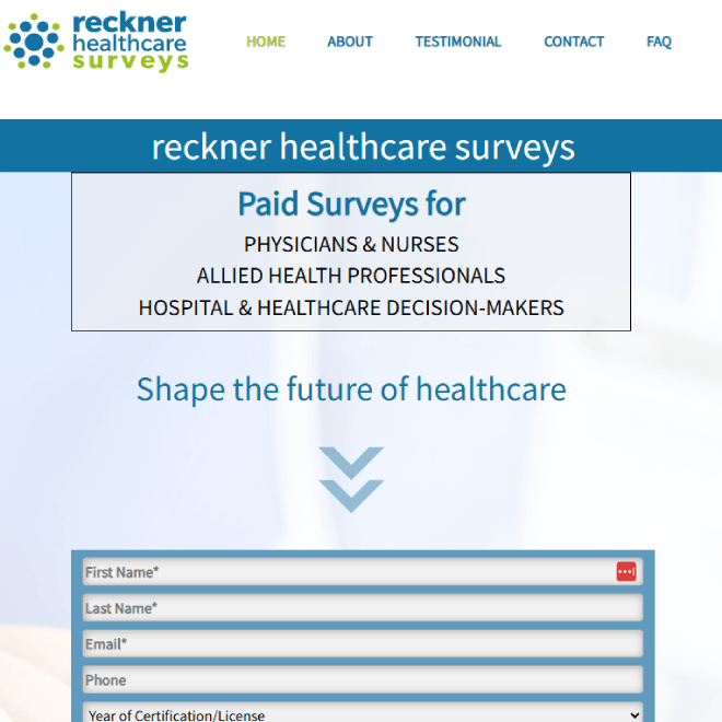 Reckner Healthcare platform logo and medical professionals earning extra income through specialized medical research surveys.