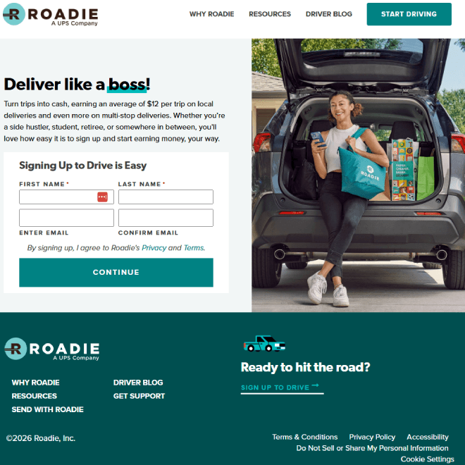 Roadie app interface showing a map of available delivery "Gigs" and a driver dashboard with earnings for a local package delivery.