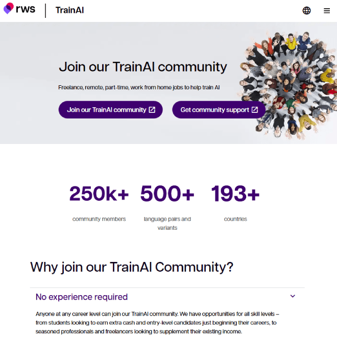 RWS TrainAI community dashboard showing statistics for 250,000+ contributors and 500+ language pairs for global AI training projects.