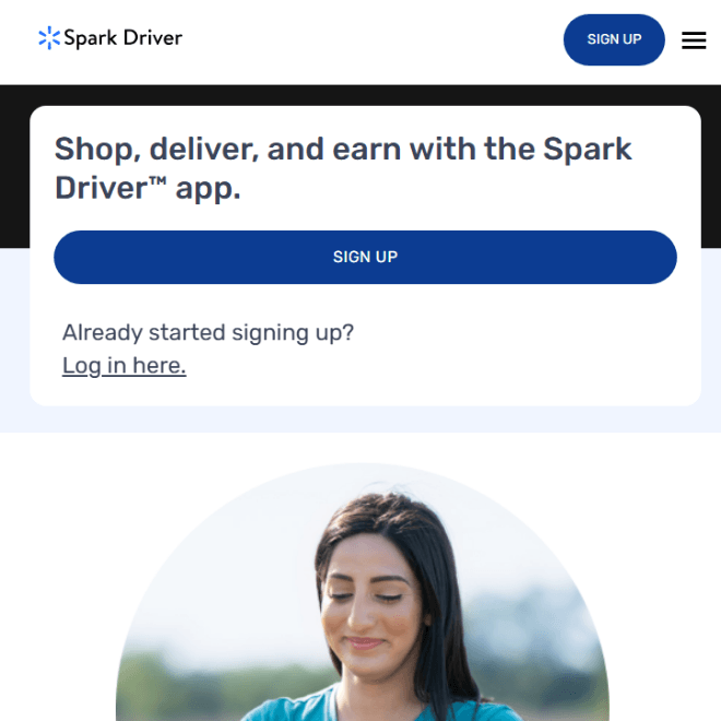 Walmart Spark Driver app interface on a smartphone showing a grocery delivery map and a "Spark" logo, representing the $21.74/hr median earning potential for local delivery contractors.