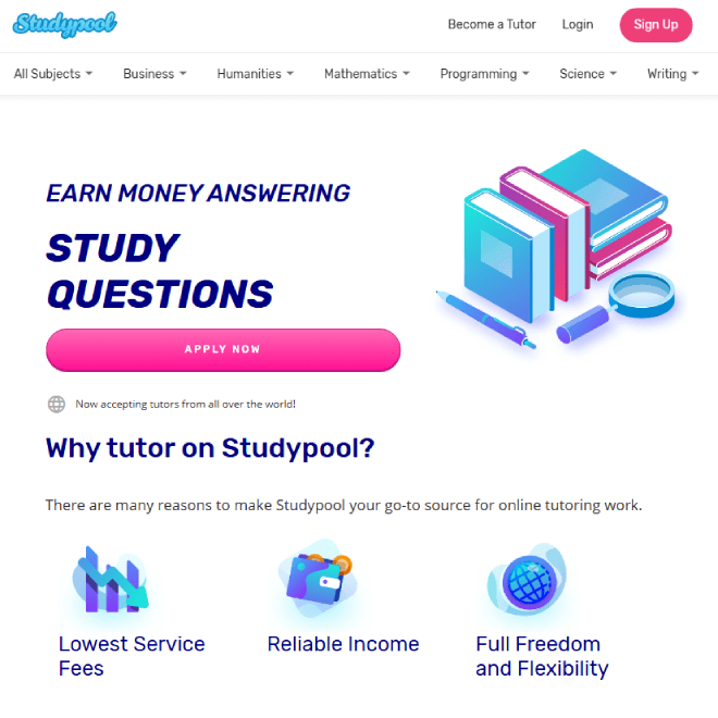 Studypool tutor dashboard interface showing student homework questions across different academic subjects and the bidding process.