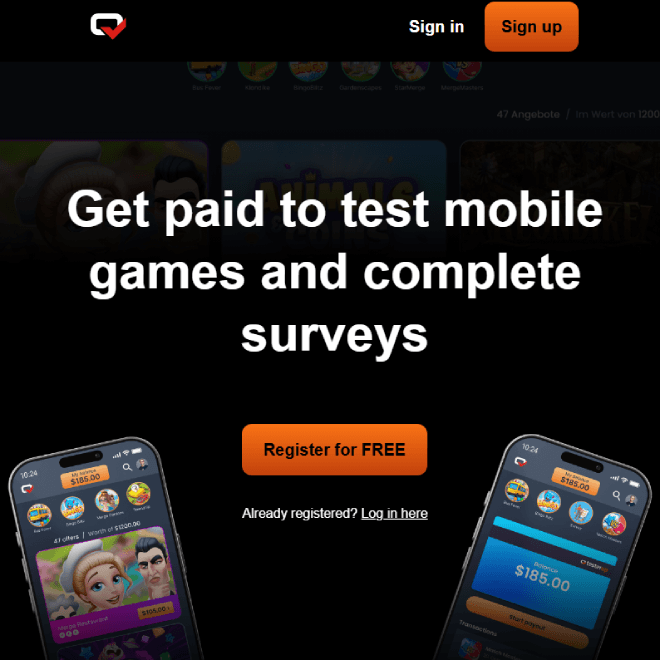Testerup app home screen on a smartphone displaying mobile game testing tasks and earned rewards for reaching level milestones.