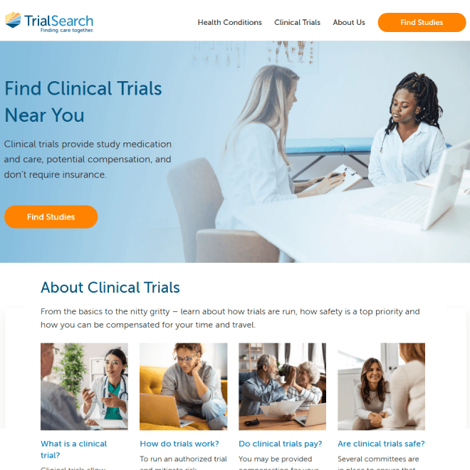 TrialSearch homepage interface showing a searchable database for finding clinical trials near you.