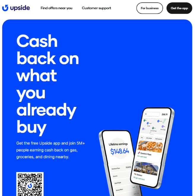 Upside app interface on two smartphones showing cash back rewards for gas, groceries, and dining.