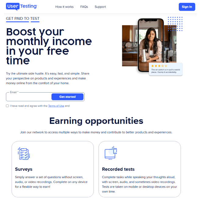 UserTesting homepage showing opportunities to get paid for sharing perspectives on products and experiences.